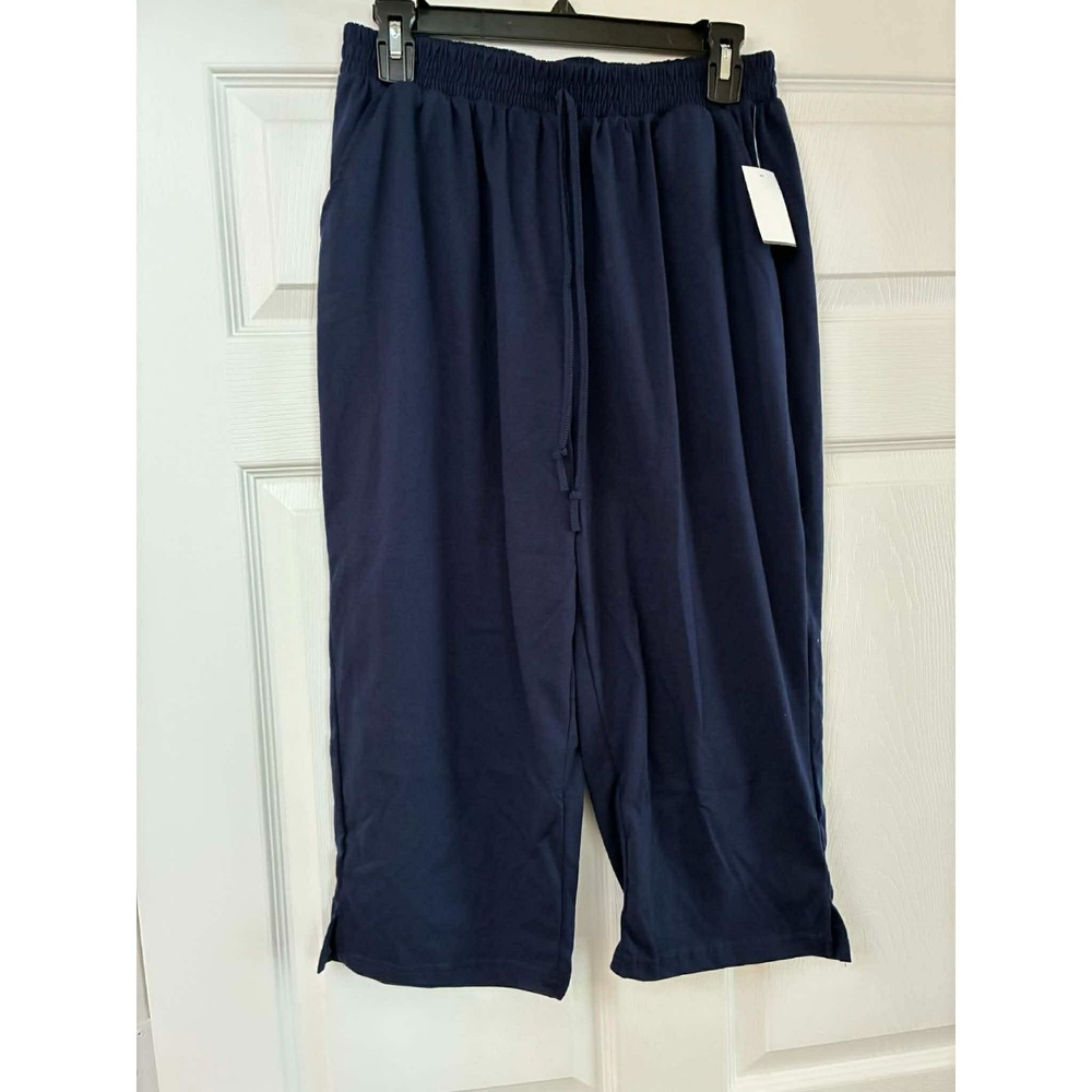 TruHearts Women's Navy Capri Pants Size L Elastic Waist Casual Lounge Cropped